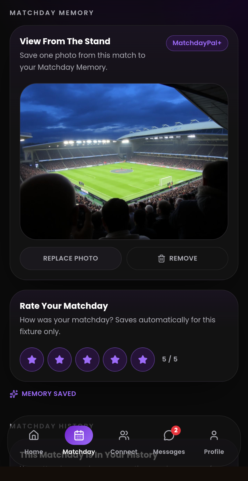 Approved Matchday History screenshot required