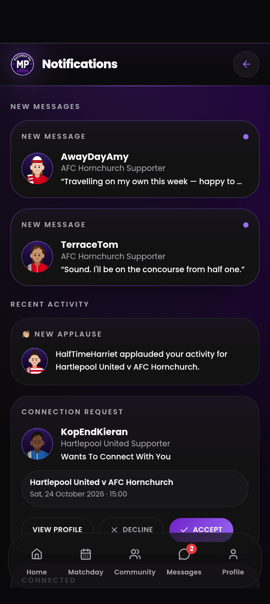 MatchdayPal supporter notifications screen